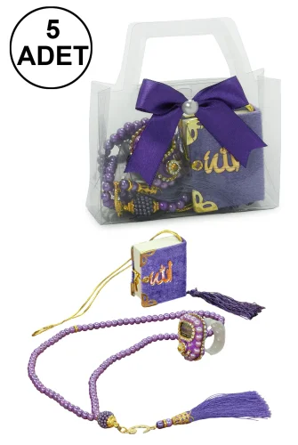 5 Adet Çantalı Mevlüt Hediyelik - Zikirmatik Tesbih Mini Kuranı Kerim Seti - Mor 