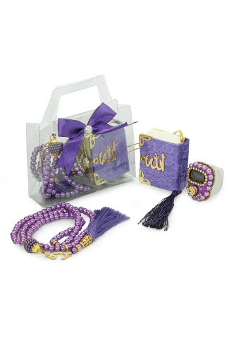 5 Adet Çantalı Mevlüt Hediyelik - Zikirmatik Tesbih Mini Kuranı Kerim Seti - Mor - ihvanonline (1)