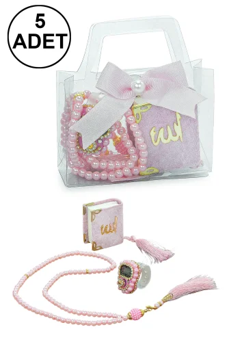 5 Adet Çantalı Mevlüt Hediyelik - Zikirmatik Tesbih Mini Kuranı Kerim Seti - Pembe 