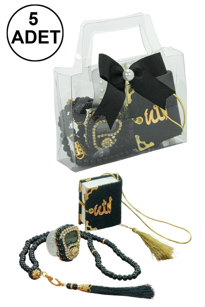 5 Adet Çantalı Mevlüt Hediyelik - Zikirmatik Tesbih Mini Kuranı Kerim Seti - Siyah - 1