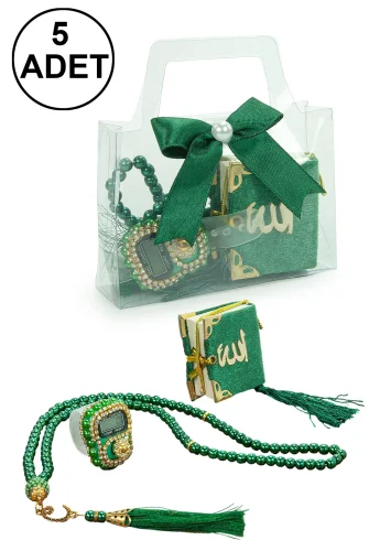 5 Adet Çantalı Mevlüt Hediyelik - Zikirmatik Tesbih Mini Kuranı Kerim Seti - Yeşil 