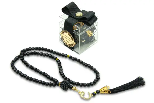 5 Adet Hediyelik İsme Özel Dekoratif Mika Kutulu 99 lu İnci Tesbih - Siyah 