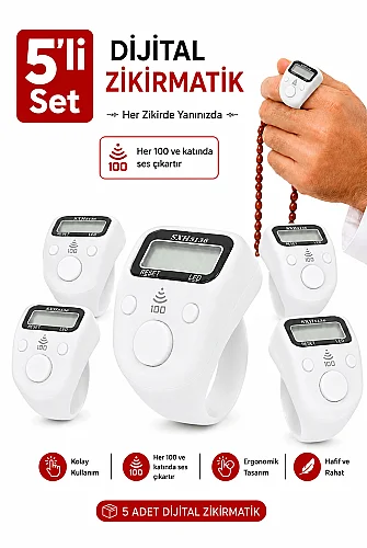 5 Adet Işıklı Parmak Zikirmatik Yüzük - LED Aydınlatmalı Dijital Sayaç 5li Ekonomik Set - Beyaz 