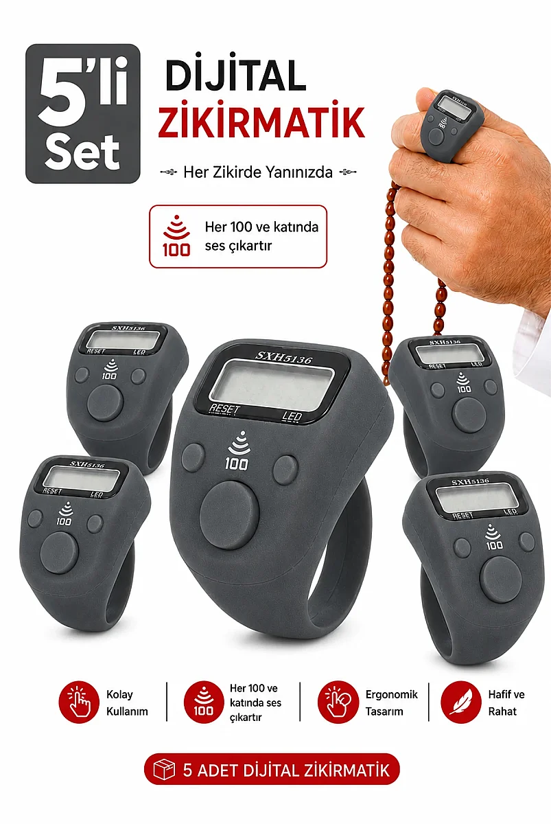 5 Adet Işıklı Parmak Zikirmatik Yüzük - LED Aydınlatmalı Dijital Sayaç 5li Ekonomik Set - Gri - 1