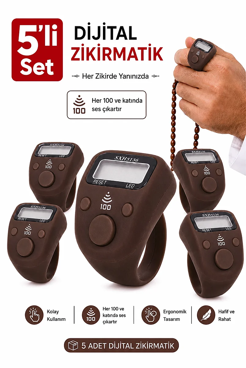 5 Adet Işıklı Parmak Zikirmatik Yüzük - LED Aydınlatmalı Dijital Sayaç 5li Ekonomik Set - Kahverengi - 1
