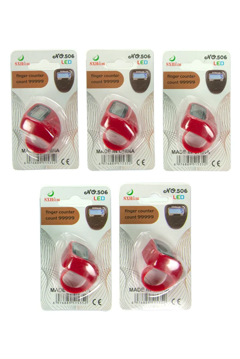 5 Adet Işıklı Parmak Zikirmatik Yüzük - LED Aydınlatmalı Dijital Sayaç 5li Ekonomik Set - Kırmızı - 5