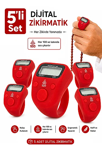 5 Adet Işıklı Parmak Zikirmatik Yüzük - LED Aydınlatmalı Dijital Sayaç 5li Ekonomik Set - Kırmızı - 1