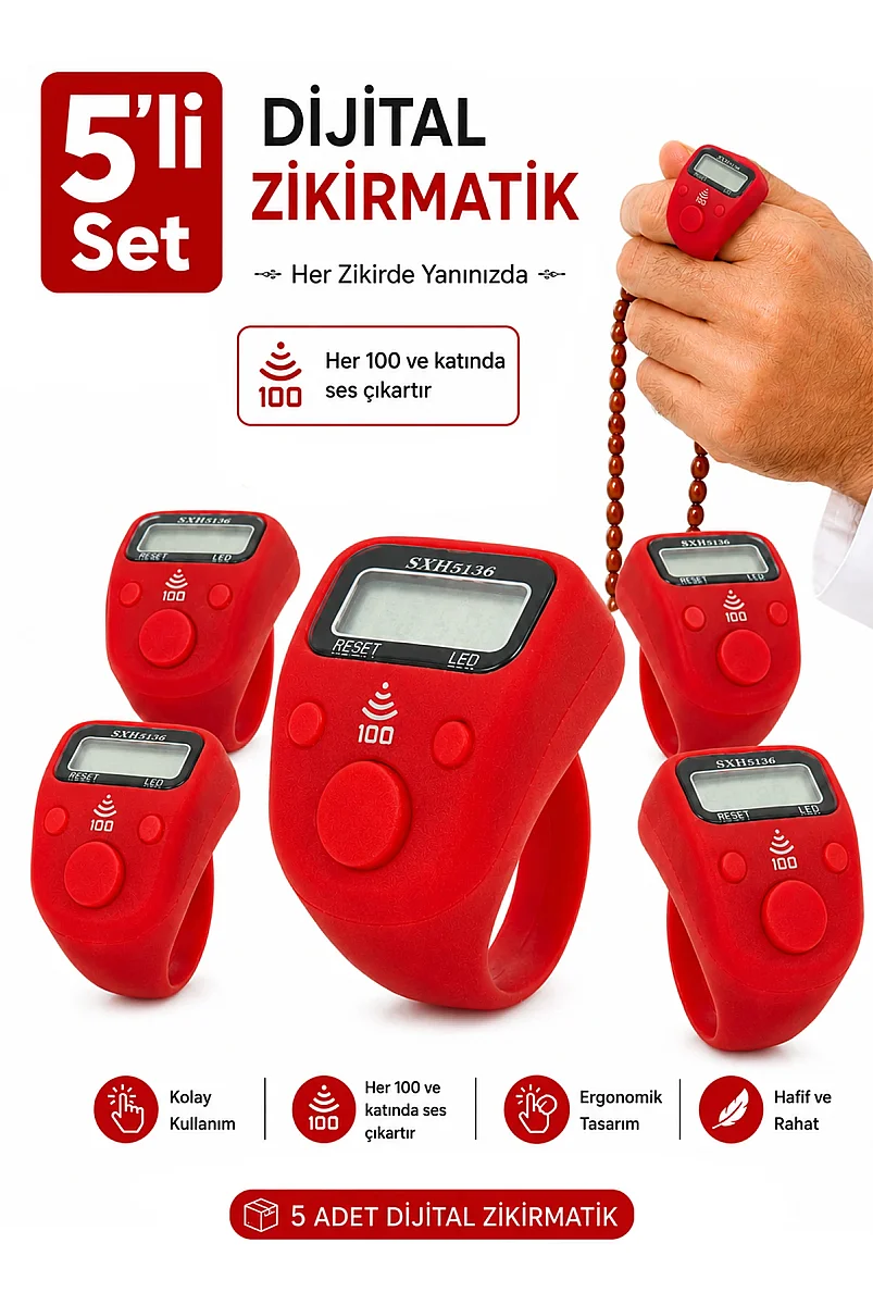 5 Adet Işıklı Parmak Zikirmatik Yüzük - LED Aydınlatmalı Dijital Sayaç 5li Ekonomik Set - Kırmızı - 1