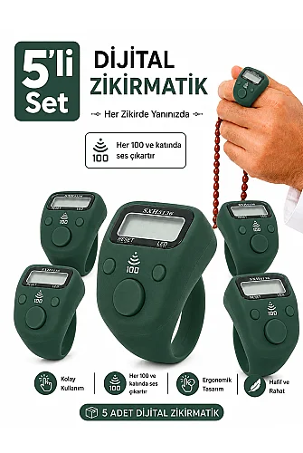 5 Adet Işıklı Parmak Zikirmatik Yüzük - LED Aydınlatmalı Dijital Sayaç 5li Ekonomik Set - Koyu Yeşil 