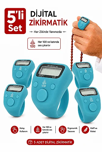 5 Adet Işıklı Parmak Zikirmatik Yüzük - LED Aydınlatmalı Dijital Sayaç 5li Ekonomik Set - Mavi 