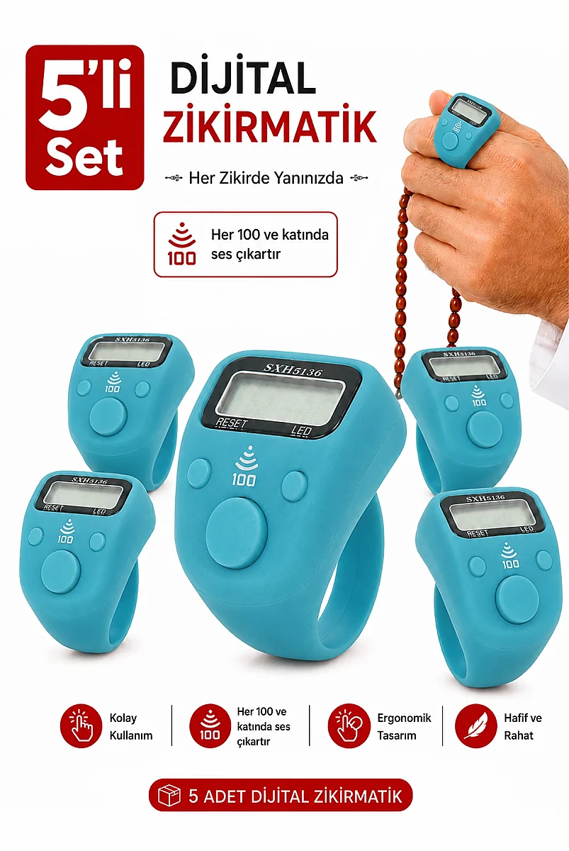 5 Adet Işıklı Parmak Zikirmatik Yüzük - LED Aydınlatmalı Dijital Sayaç 5li Ekonomik Set - Mavi - 1