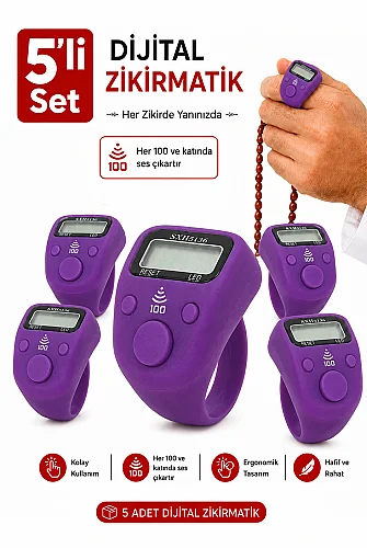 5 Adet Işıklı Parmak Zikirmatik Yüzük - LED Aydınlatmalı Dijital Sayaç 5li Ekonomik Set - Mor 