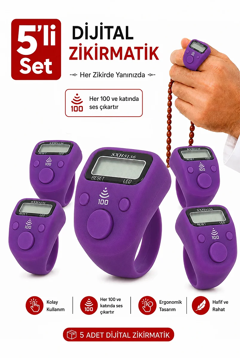 5 Adet Işıklı Parmak Zikirmatik Yüzük - LED Aydınlatmalı Dijital Sayaç 5li Ekonomik Set - Mor - 1