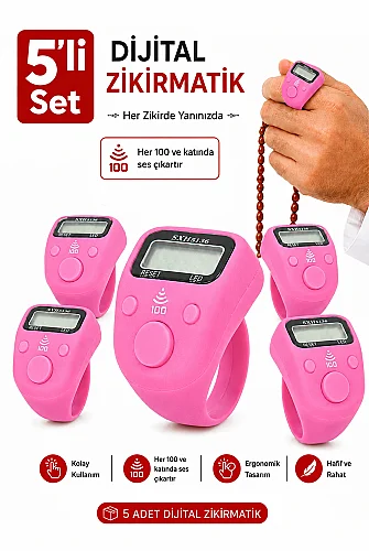 5 Adet Işıklı Parmak Zikirmatik Yüzük - LED Aydınlatmalı Dijital Sayaç 5li Ekonomik Set - Pembe 