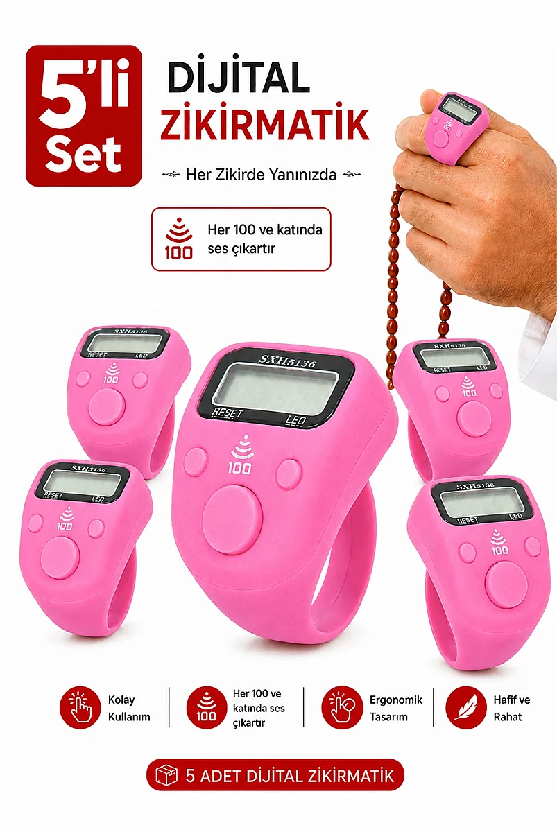 5 Adet Işıklı Parmak Zikirmatik Yüzük - LED Aydınlatmalı Dijital Sayaç 5li Ekonomik Set - Pembe - 1