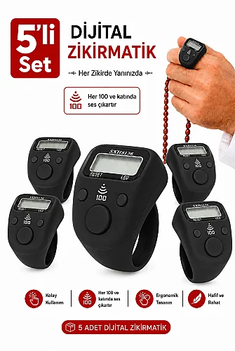 5 Adet Işıklı Parmak Zikirmatik Yüzük - LED Aydınlatmalı Dijital Sayaç 5li Ekonomik Set - Siyah 