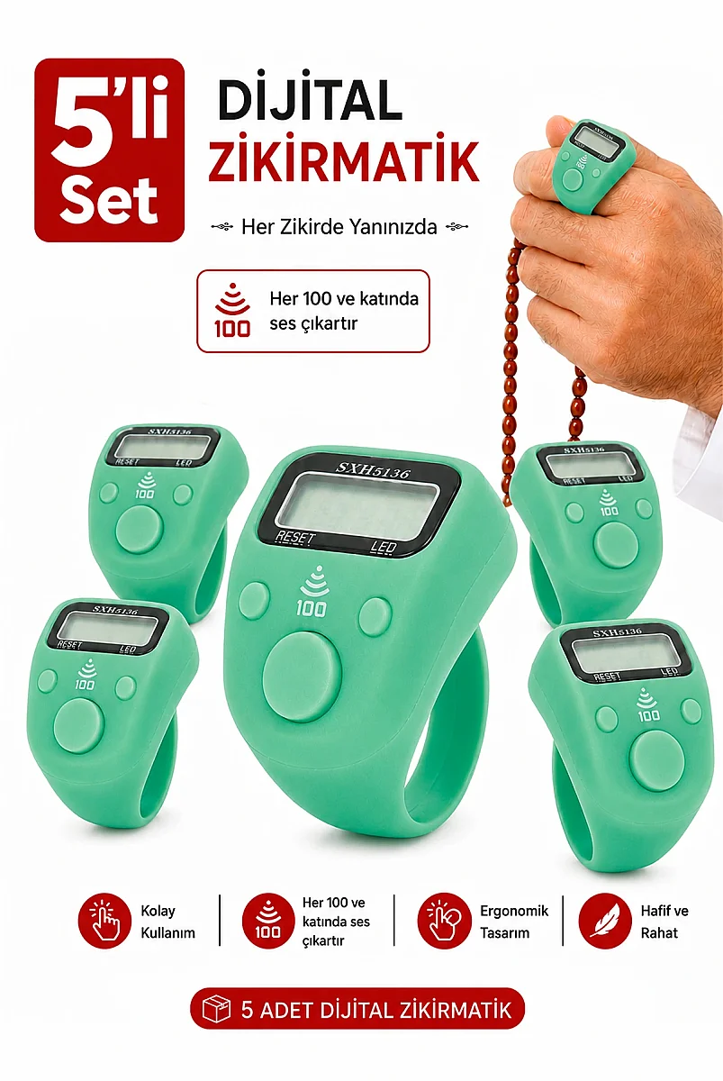 5 Adet Işıklı Parmak Zikirmatik Yüzük - LED Aydınlatmalı Dijital Sayaç 5li Ekonomik Set - Yeşil - 1