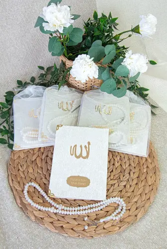 5 Adet Keseli Tesbihli İsim Baskılı Kadife Kaplı Yasin Mevlüt Kitabı Seti Hediyesi Beyaz - ihvanonline (1)