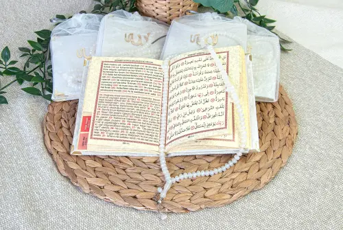 5 Adet Keseli Tesbihli İsim Baskılı Kadife Kaplı Yasin Mevlüt Kitabı Seti Hediyesi Beyaz - 5