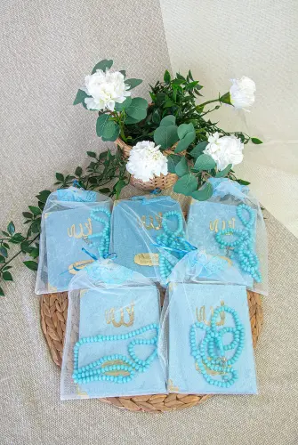 5 Adet Keseli Tesbihli İsim Baskılı Kadife Kaplı Yasin Mevlüt Kitabı Seti Hediyesi Mavi 