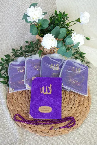 5 Adet Keseli Tesbihli İsim Baskılı Kadife Kaplı Yasin Mevlüt Kitabı Seti Hediyesi Mor - ihvanonline (1)