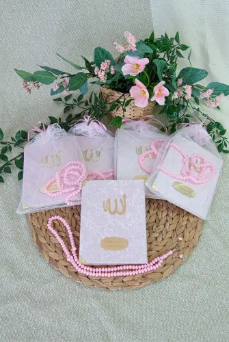 5 Adet Keseli Tesbihli İsim Baskılı Kadife Kaplı Yasin Mevlüt Kitabı Seti Hediyesi Pembe - ihvanonline (1)