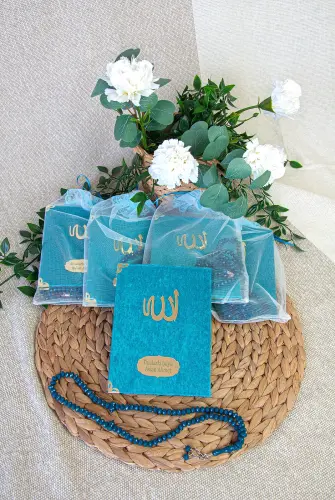 5 Adet Keseli Tesbihli İsim Baskılı Kadife Kaplı Yasin Mevlüt Kitabı Seti Hediyesi Turkuaz - ihvanonline (1)