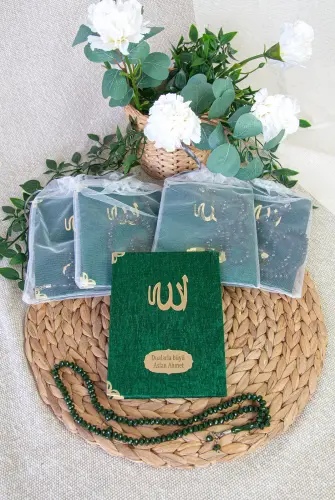 5 Adet Keseli Tesbihli İsim Baskılı Kadife Kaplı Yasin Mevlüt Kitabı Seti Hediyesi Yeşil - ihvanonline (1)