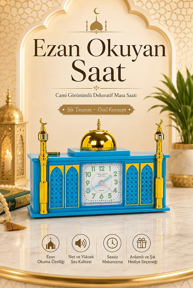 5 Vakit Ezan Okuyan Cami Görünümlü Dekoratif Masa Saati - Mavi - 1