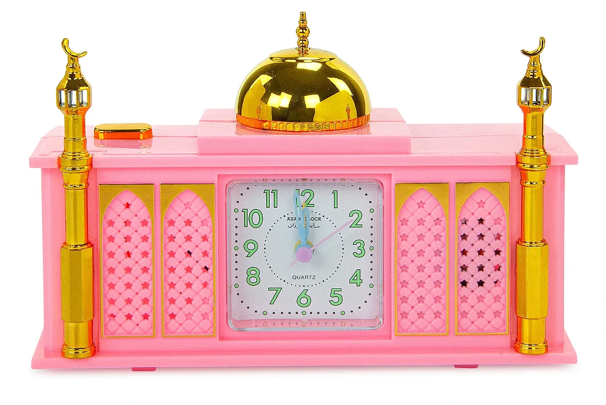 5 Vakit Ezan Okuyan Cami Görünümlü Dekoratif Masa Saati - Pembe - 2
