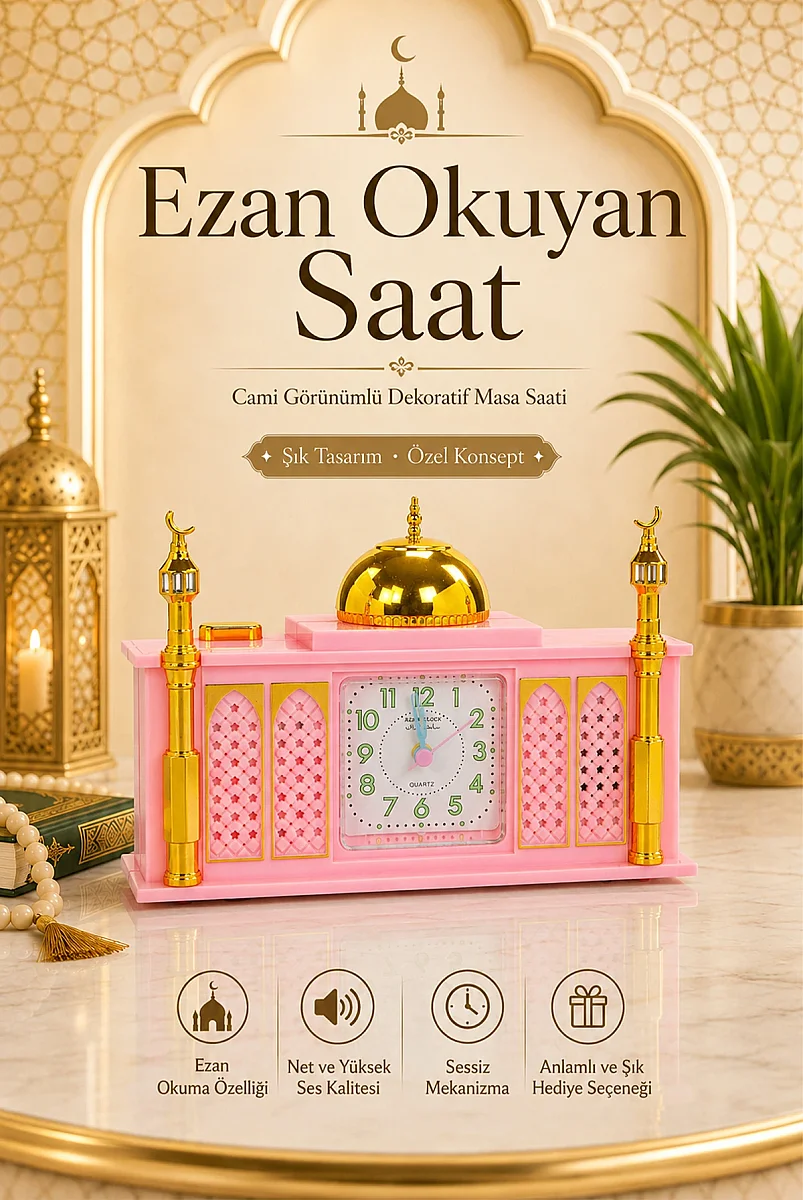 5 Vakit Ezan Okuyan Cami Görünümlü Dekoratif Masa Saati - Pembe - 1