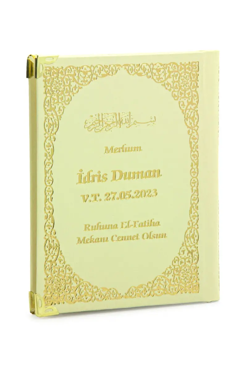50 Adet İsim Baskılı Ayet-el Kürsi Desenli Yaldızlı Deri Ciltli Çanta Boy Yasin Kitabı Mevlüt Hediyesi 128 Sayfa Krem - 2