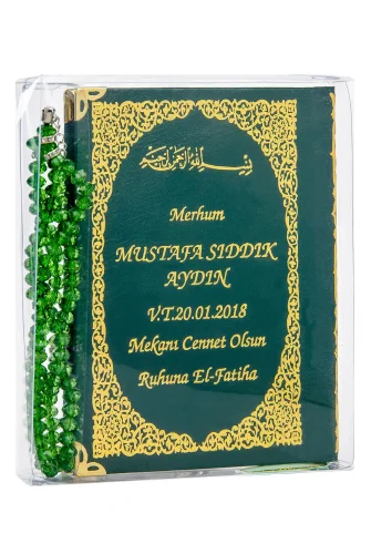 50 ADET - İsim Baskılı Ciltli Yasin Kitabı - Çanta Boy - 128 Sayfa - Tesbihli - Şeffaf Kutulu - Yeşil Renk - Dini Hediyelik Set - 1
