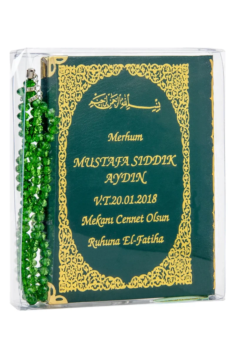 50 ADET - İsim Baskılı Ciltli Yasin Kitabı - Çanta Boy - 128 Sayfa - Tesbihli - Şeffaf Kutulu - Yeşil Renk - Dini Hediyelik Set - 1