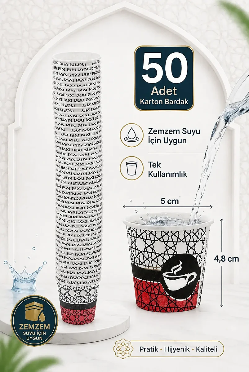 50'li Paket Zemzem Suyu Karton Bardağı - 5 cm x 4.8 cm Pratik & Hijyenik Tek Kullanımlık İkram Bardağı - 1