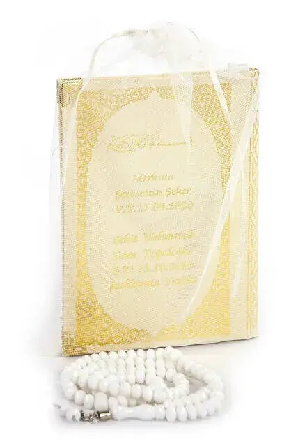 50 PCS - Name Printed Hardcover Book of Yasin Bag Size 128 Pages With Rosary Cream Color Mevlit Gift - 1