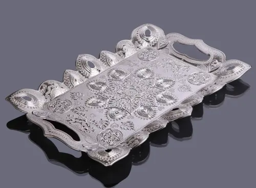 6 Kişilik Gümüş Renk Kararmaya Karşı Dayanıklı Dikdörtgen Oryantal Tepsi - İhvan (1)