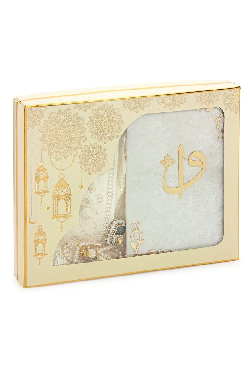 6 Parça Gelin Çeyizlik Seccade Seti Hediyelik Şal Tesbih Zikirmatik Kuranı Kerim Seti Beyaz - 2