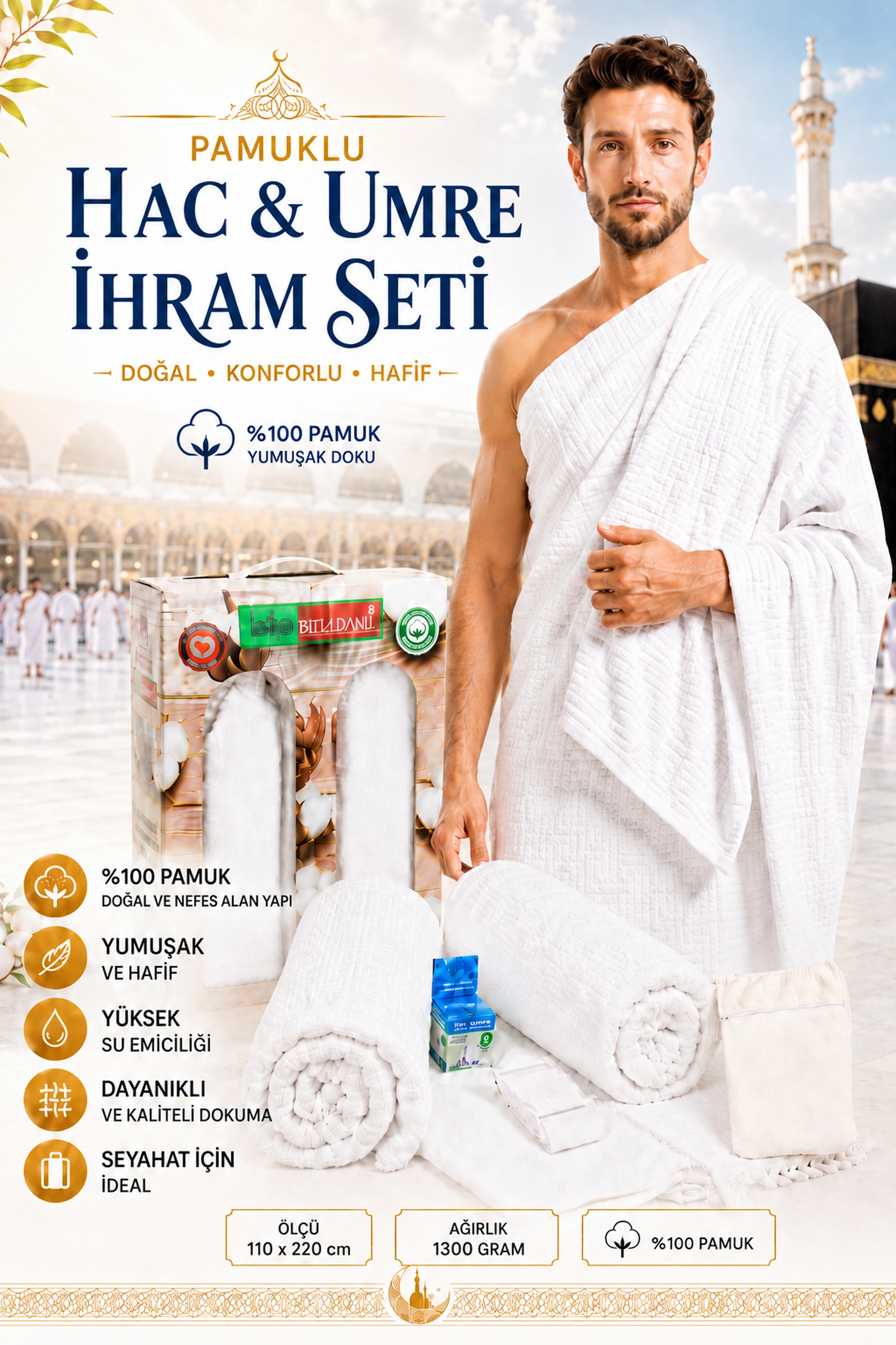 6 Parça Pamuklu Hac ve Umre İhram Seti %100 Pamuk – Kemer, Çanta ve Seyahat Adaptörlü - 1