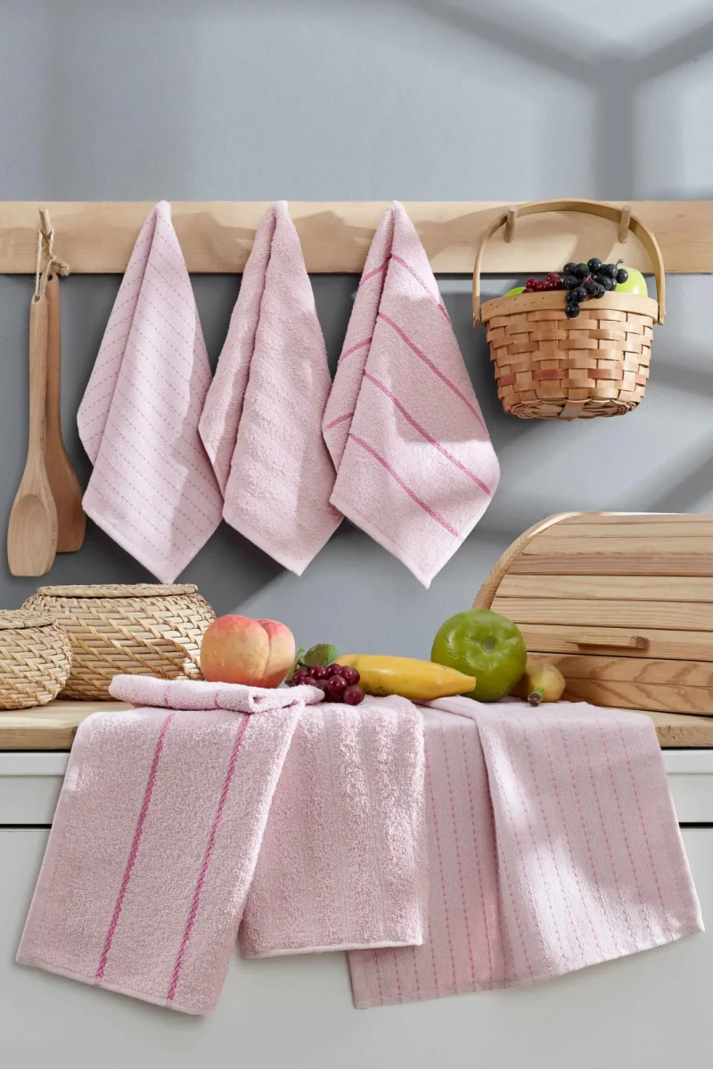 6lı Çizgili Mutfak Kurulama Bezi - Çeyizlik Mutfak Havlu Seti - 30x50 cm - Pudra - (RBK) - 1