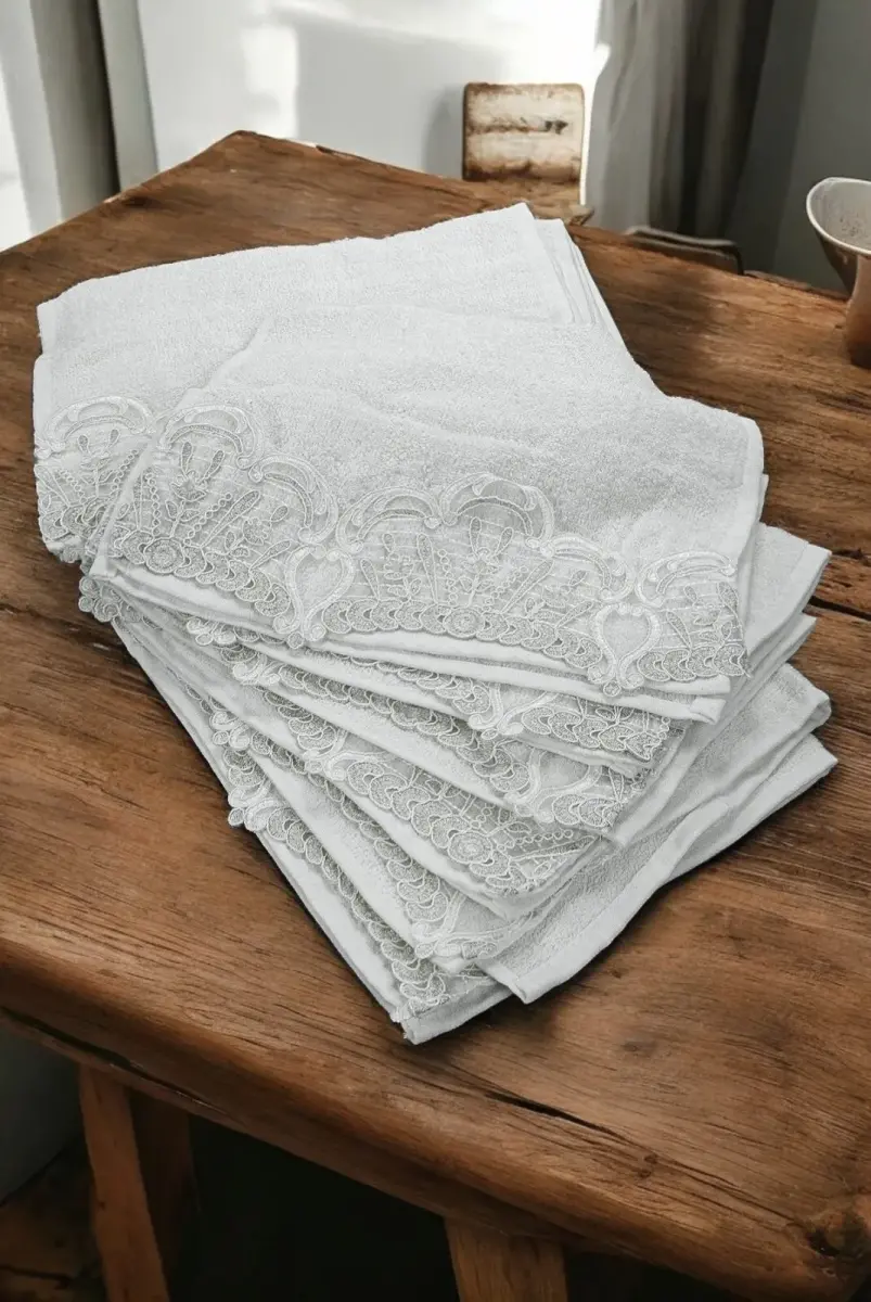 6'lı Güpürlü %100 Pamuklu El ve Yüz Havlusu Seti 30x50 cm Beyaz - 2