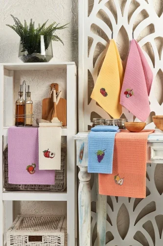 6lı Meyve Nakışlı Mutfak Kurulama Bezi - Çeyizlik Mutfak Havlu Seti - 40x60 cm - (RBK) 