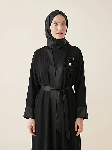 Abaya Ferace El İşi Boncuk Taş Çiçek Nakışlı Saten Şal Yaka Kuşaklı 9647-26 - Siyah - 1