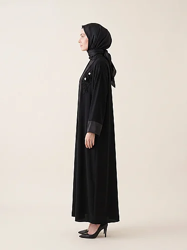 Abaya Ferace El İşi Boncuk Taş Çiçek Nakışlı Saten Şal Yaka Kuşaklı 9647-26 - Siyah - 3