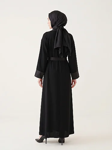 Abaya Ferace El İşi Boncuk Taş Çiçek Nakışlı Saten Şal Yaka Kuşaklı 9647-26 - Siyah - 4