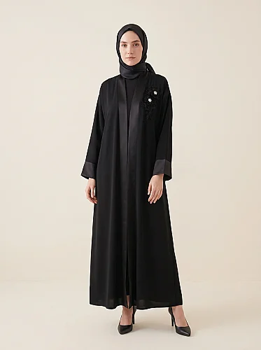 Abaya Ferace El İşi Boncuk Taş Çiçek Nakışlı Saten Şal Yaka Kuşaklı 9647-26 - Siyah - 5
