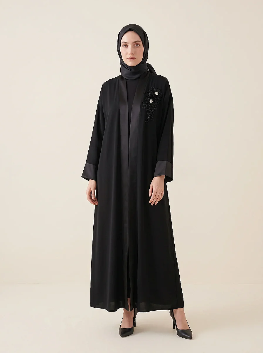 Abaya Ferace El İşi Boncuk Taş Çiçek Nakışlı Saten Şal Yaka Kuşaklı 9647-26 - Siyah - 5