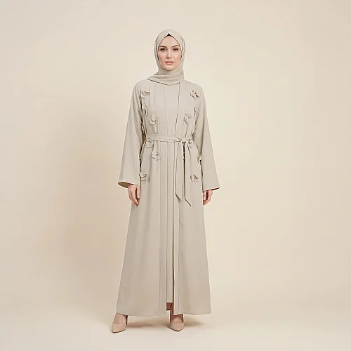  Abaya Gülü Çiçekli Ferace Aplikeli Kuşaklı Uzun Kollu 9618-26 - Bej 