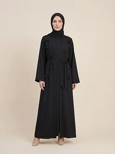 Abaya Gülü Çiçekli Ferace Aplikeli Kuşaklı Uzun Kollu 9618-26 - Siyah 