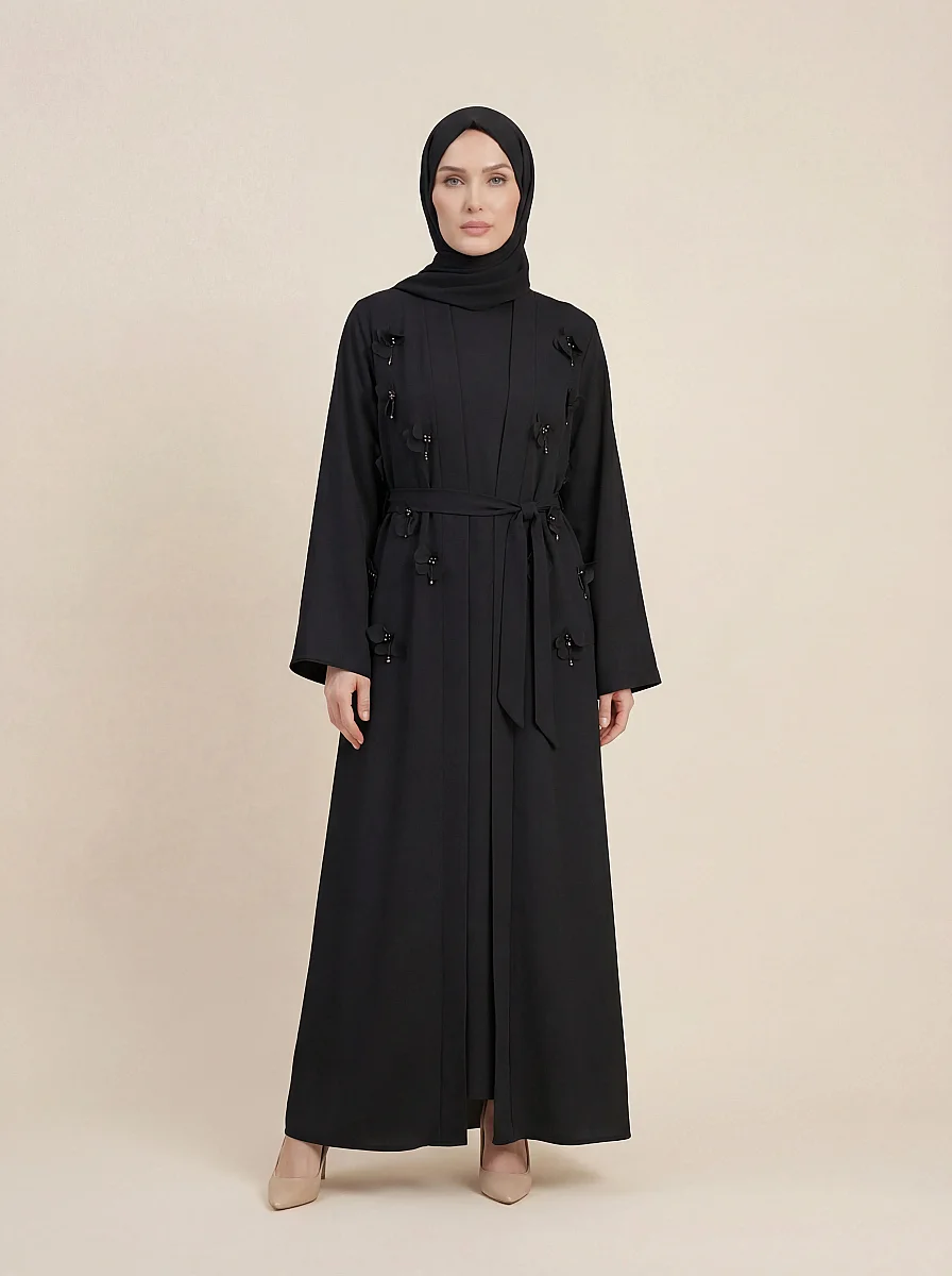  Abaya Gülü Çiçekli Ferace Aplikeli Kuşaklı Uzun Kollu 9618-26 - Siyah - 1